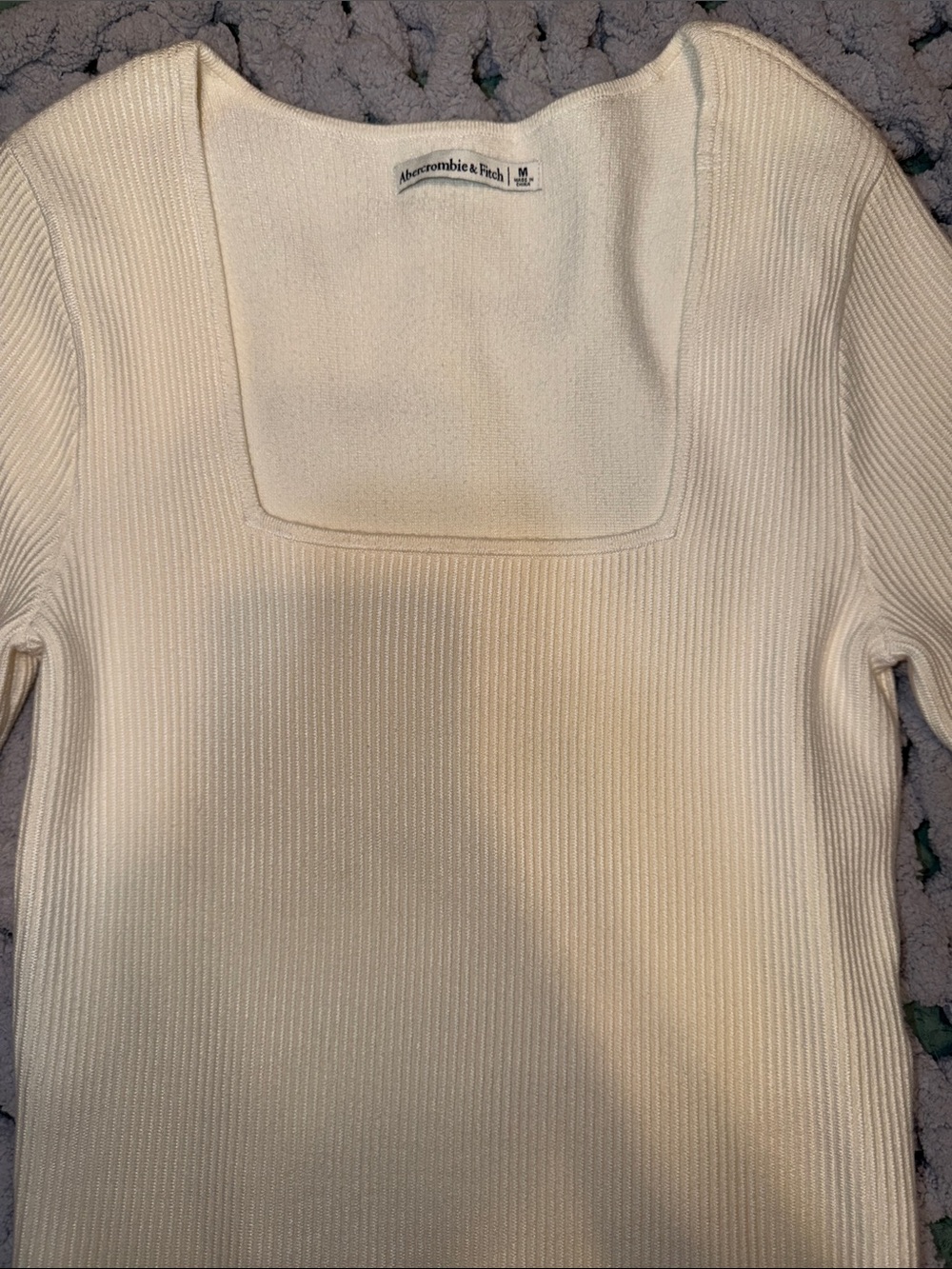 Cream Ribbed Square Neck Long Sleeve Top - Picture 2 of 4